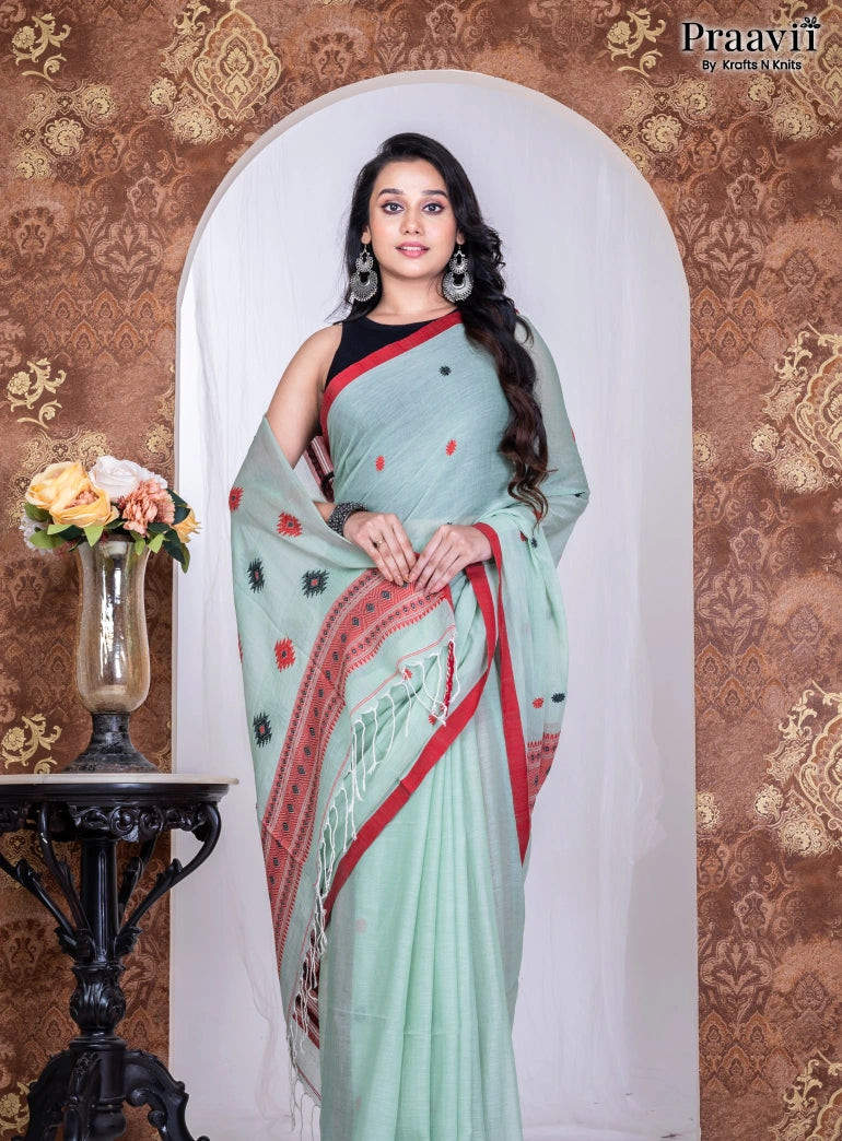 Aqua Green Pure Cotton Jamdani Handwoven Saree