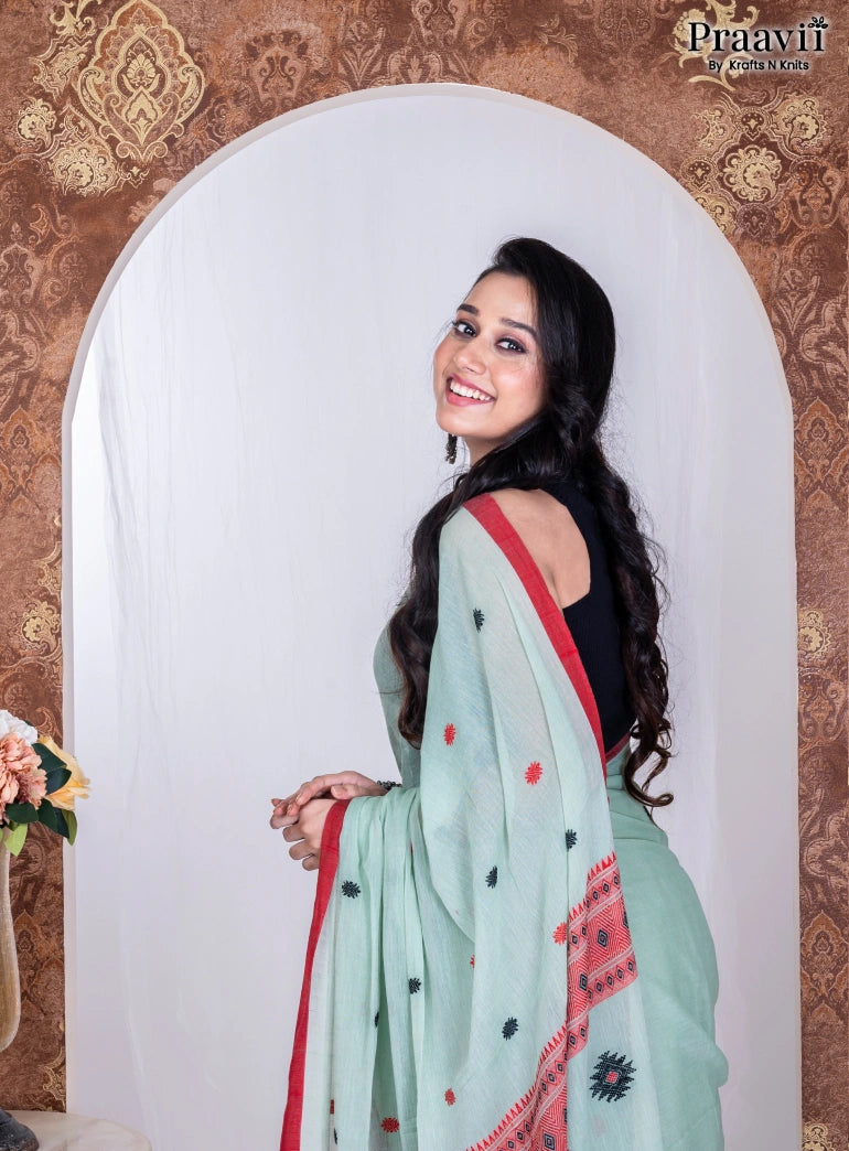 Aqua Green Pure Cotton Jamdani Handwoven Saree