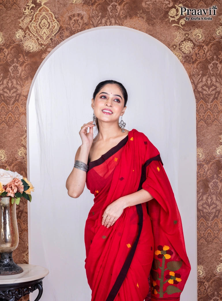 Vermilion Red Cotton Handwoven Jamdani Saree