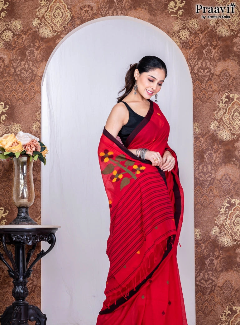 Vermilion Red Cotton Handwoven Jamdani Saree