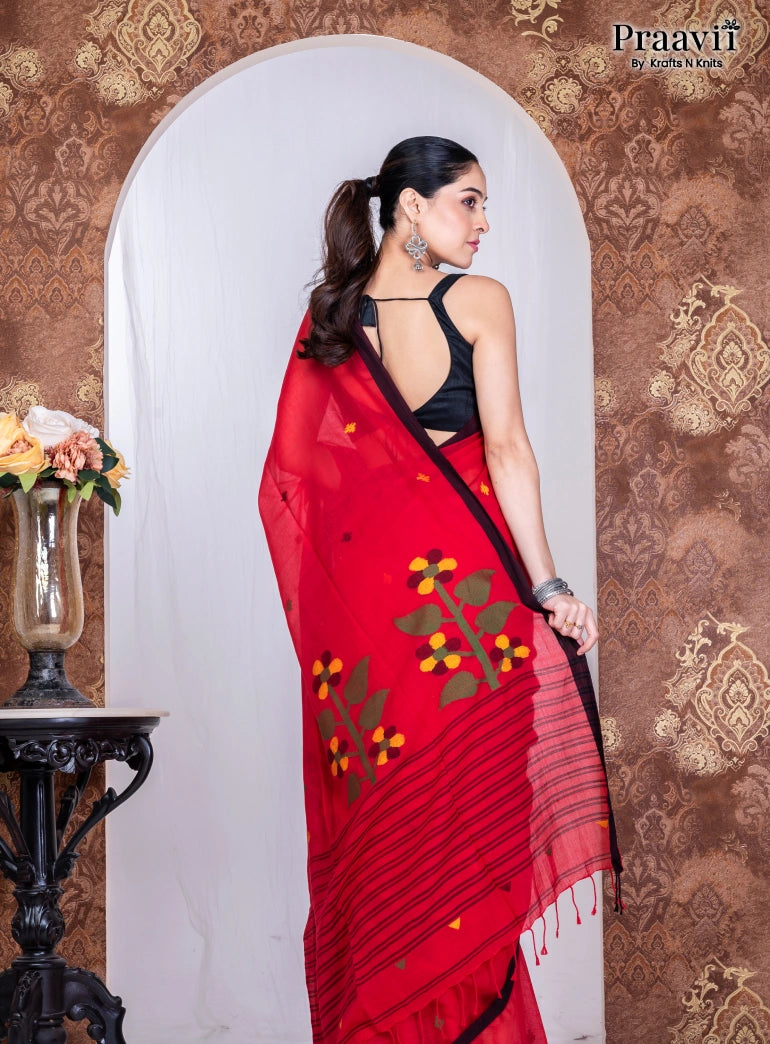 Vermilion Red Cotton Handwoven Jamdani Saree