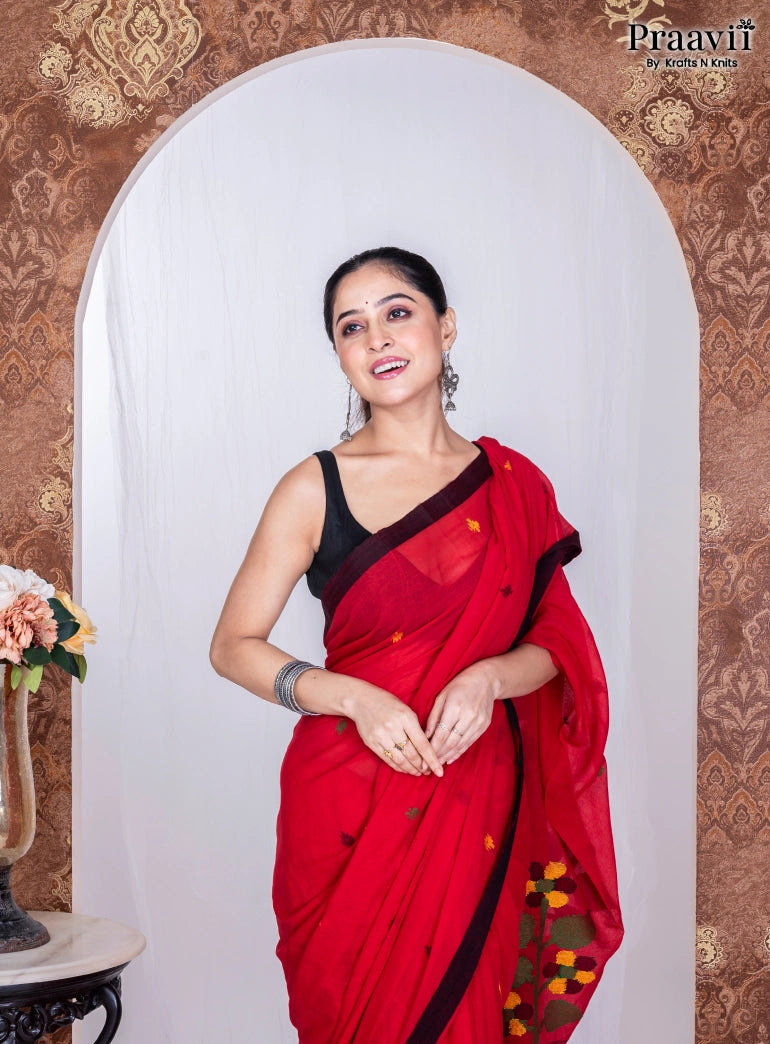 Vermilion Red Cotton Handwoven Jamdani Saree