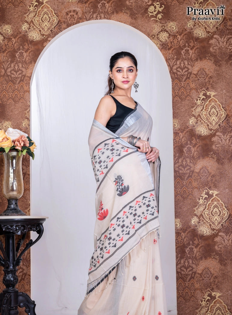 White Pure Cotton Jamdani Handwoven Saree