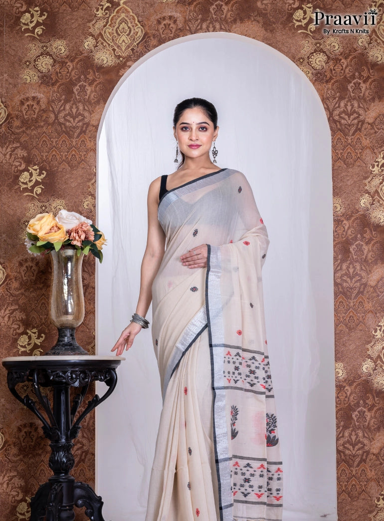 White Pure Cotton Jamdani Handwoven Saree