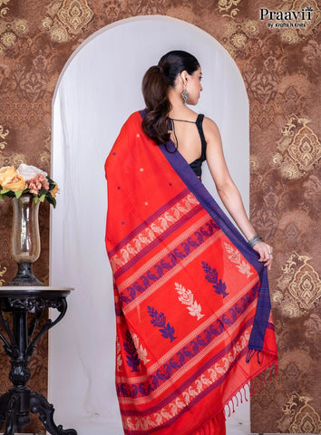 Red Pure Cotton Jamdani Handwoven Saree