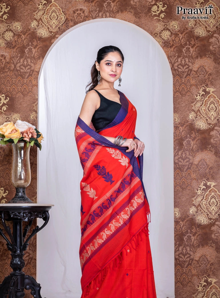 Red Pure Cotton Jamdani Handwoven Saree
