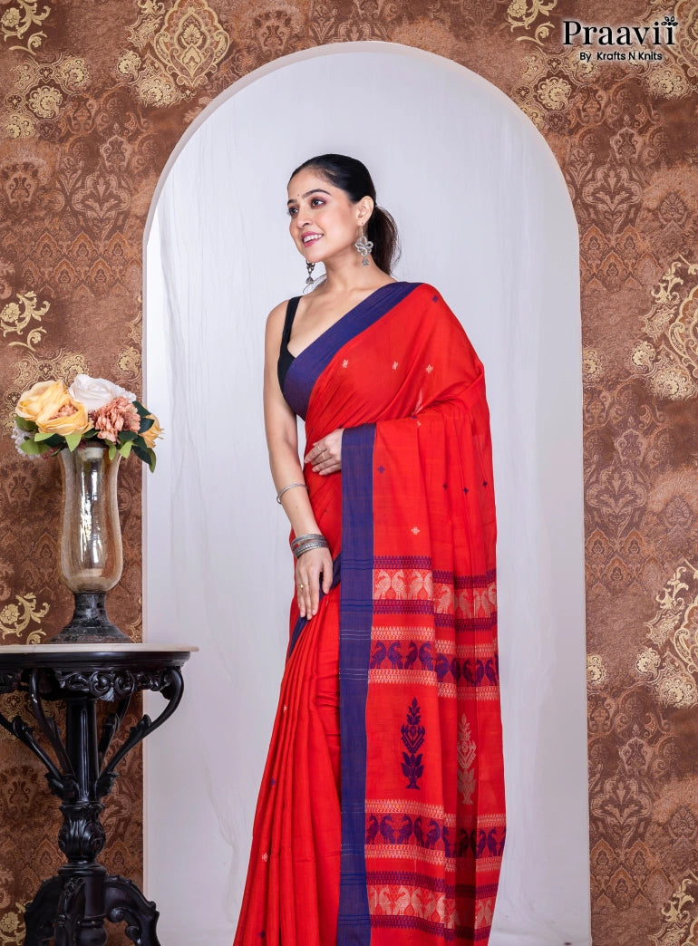 Red Pure Cotton Jamdani Handwoven Saree