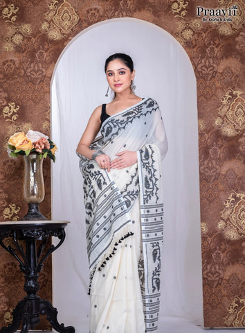 White Pure Cotton Jamdani Handwoven Saree