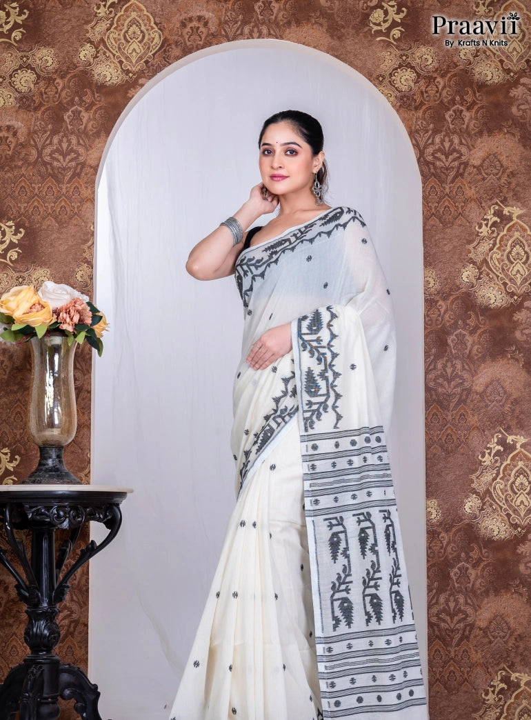White Pure Cotton Jamdani Handwoven Saree