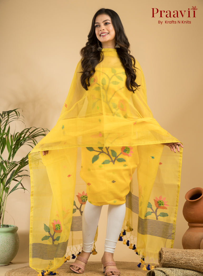 Sunflower Yellow Unstitched Muslin Handwoven Jamdani Suit Set