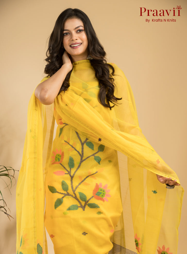 Sunflower Yellow Unstitched Muslin Handwoven Jamdani Suit Set