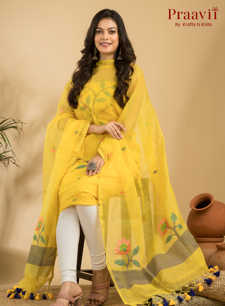 Sunflower Yellow Unstitched Muslin Handwoven Jamdani Suit Set