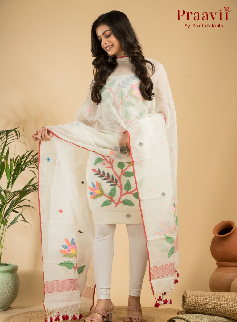 White Unstitched Cotton Handwoven Jamdani Suit Set