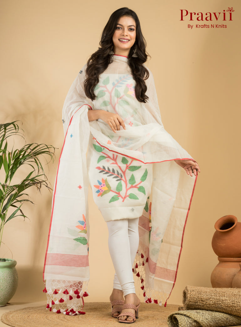 White Unstitched Cotton Handwoven Jamdani Suit Set