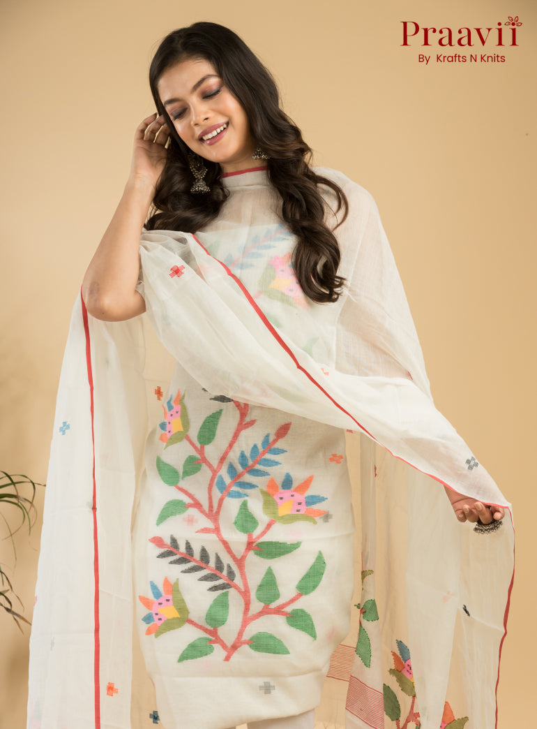 White Unstitched Cotton Handwoven Jamdani Suit Set