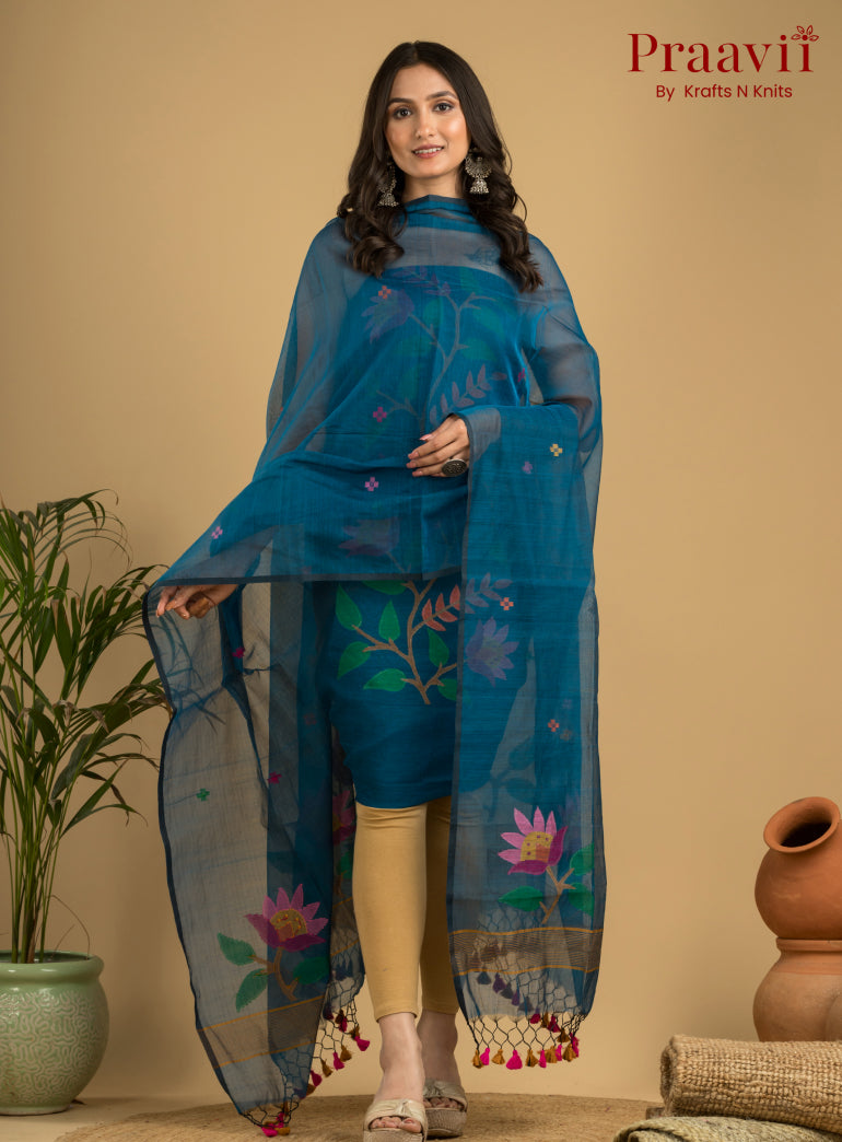 Olympic Blue Unstitched Cotton Handwoven Jamdani Suit Set