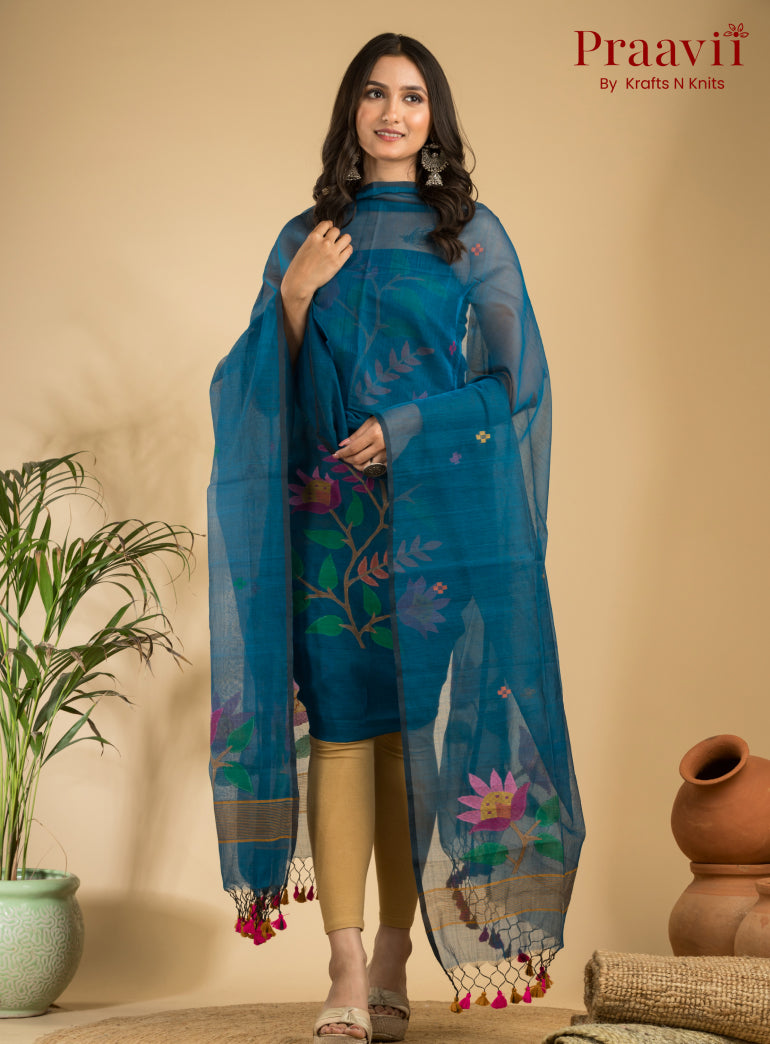 Olympic Blue Unstitched Cotton Handwoven Jamdani Suit Set
