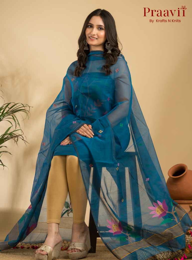 Olympic Blue Unstitched Cotton Handwoven Jamdani Suit Set
