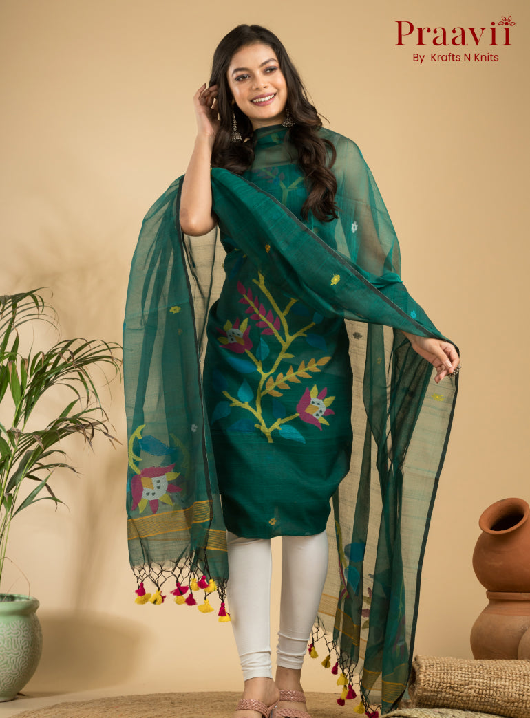 Teal Green Unstitched Muslin Handwoven Jamdani Suit Set