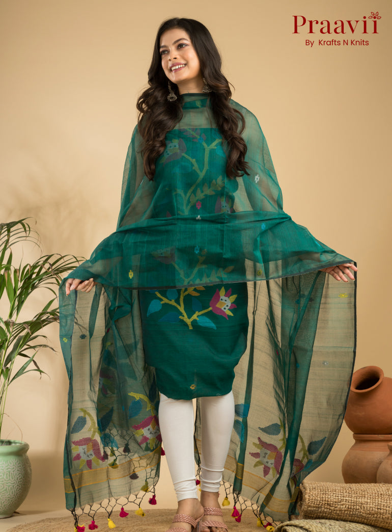 Teal Green Unstitched Muslin Handwoven Jamdani Suit Set