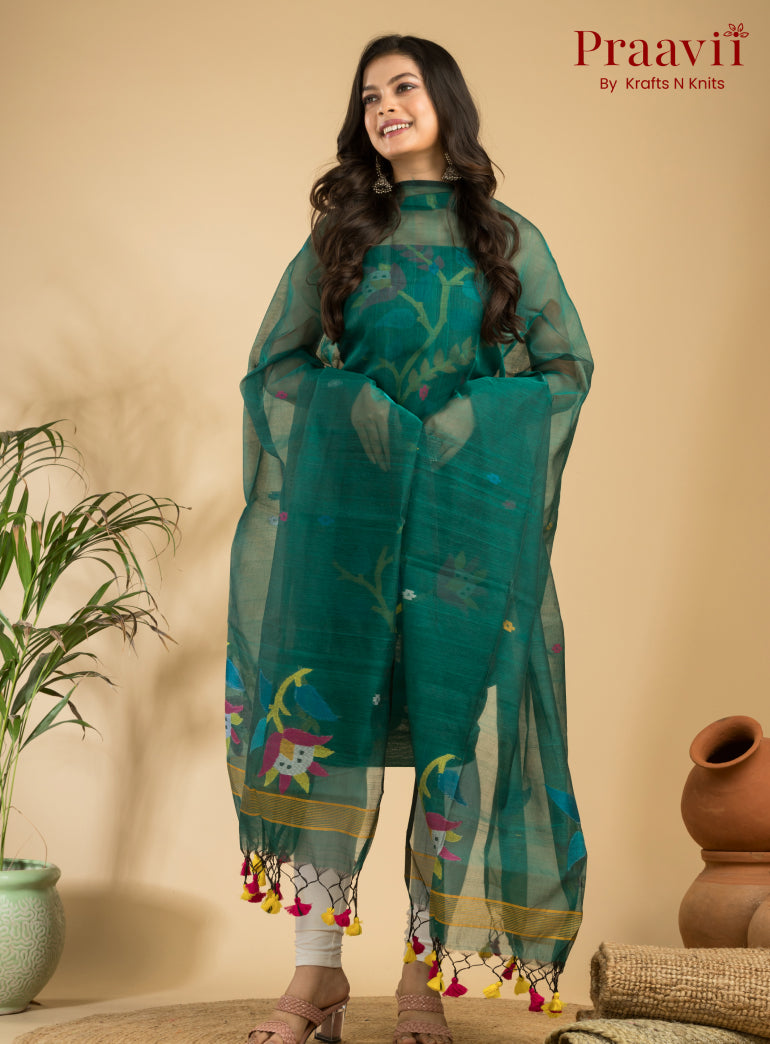 Teal Green Unstitched Muslin Handwoven Jamdani Suit Set