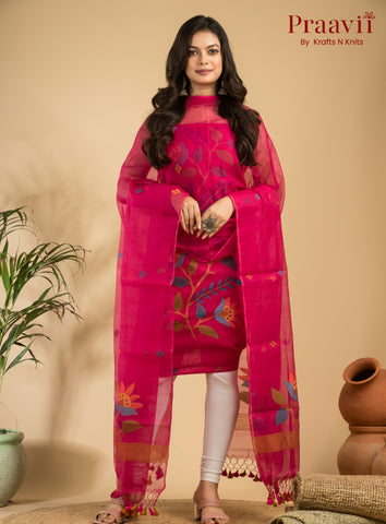 Ruby Red Unstitched Muslin Handwoven Jamdani Suit Set