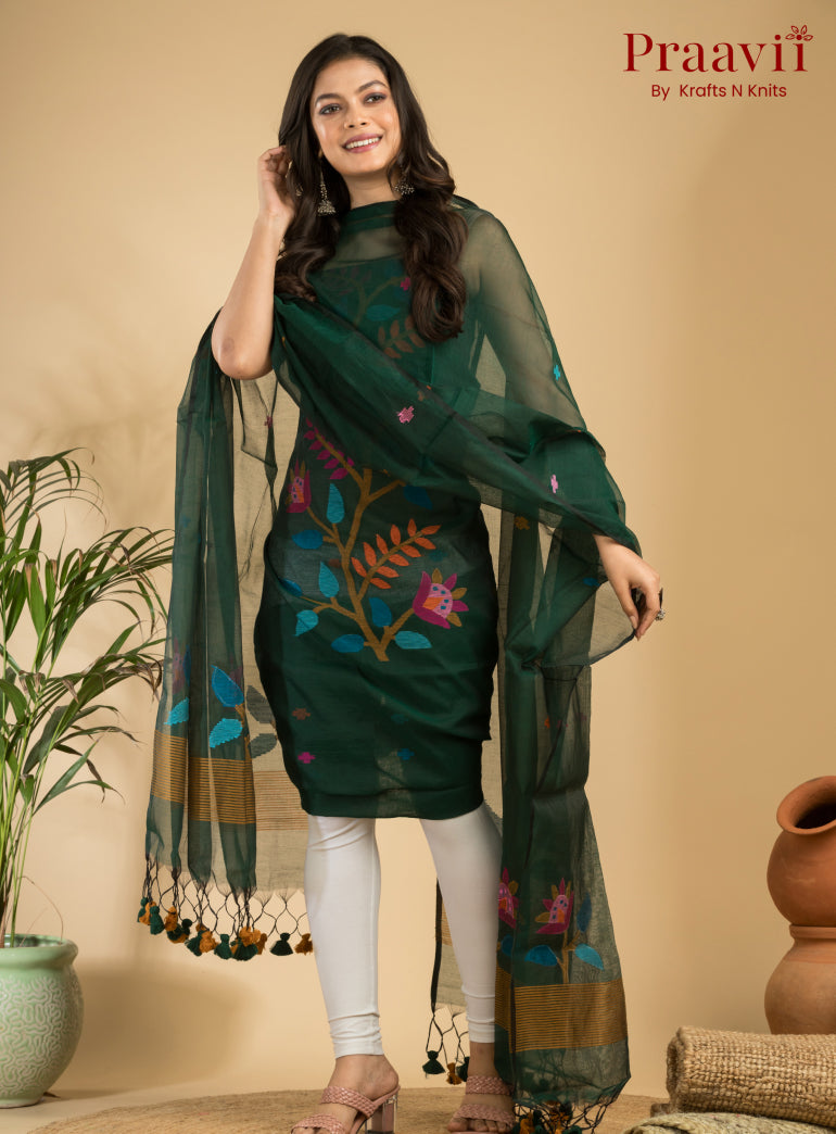 Dark Green Unstitched Muslin Handwoven Jamdani Suit Set