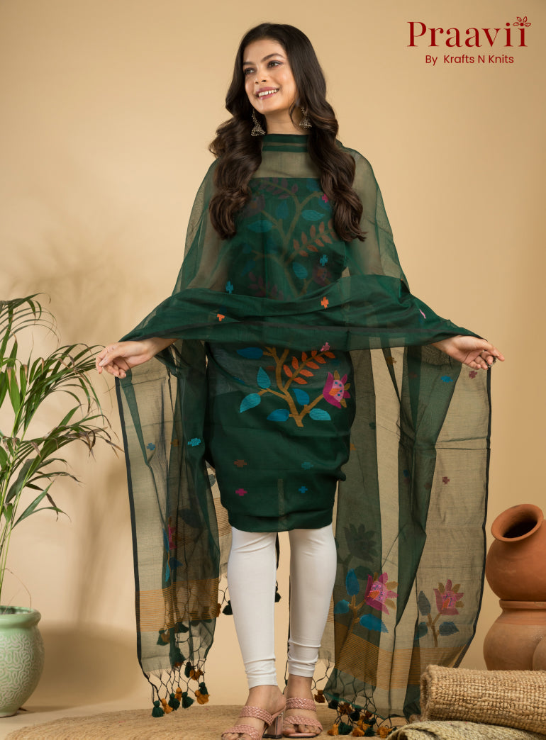 Dark Green Unstitched Muslin Handwoven Jamdani Suit Set