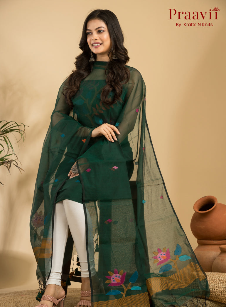 Dark Green Unstitched Muslin Handwoven Jamdani Suit Set