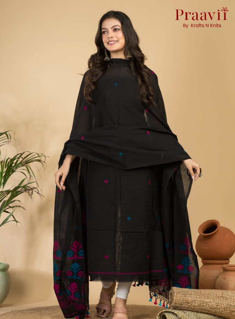 Classic Black Unstitched Cotton Handwoven Jamdani Suit Set