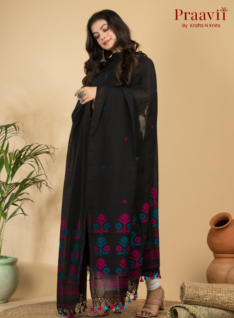 Classic Black Unstitched Cotton Handwoven Jamdani Suit Set