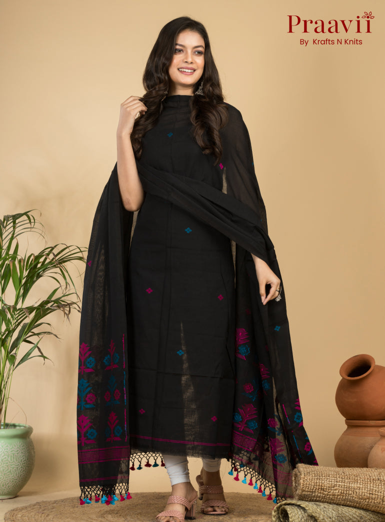 Classic Black Unstitched Cotton Handwoven Jamdani Suit Set
