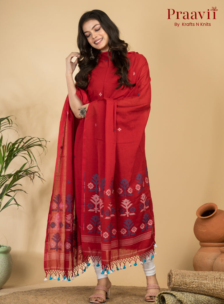 Classic Red Unstitched Cotton Handwoven Jamdani Suit Set