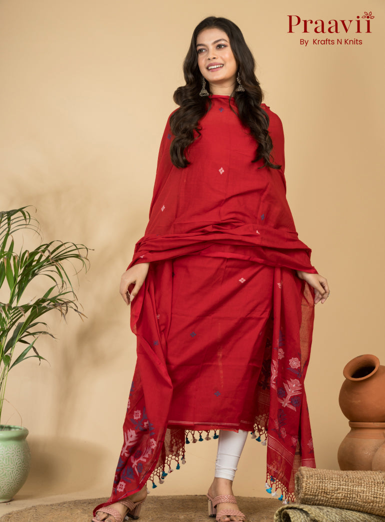 Classic Red Unstitched Cotton Handwoven Jamdani Suit Set