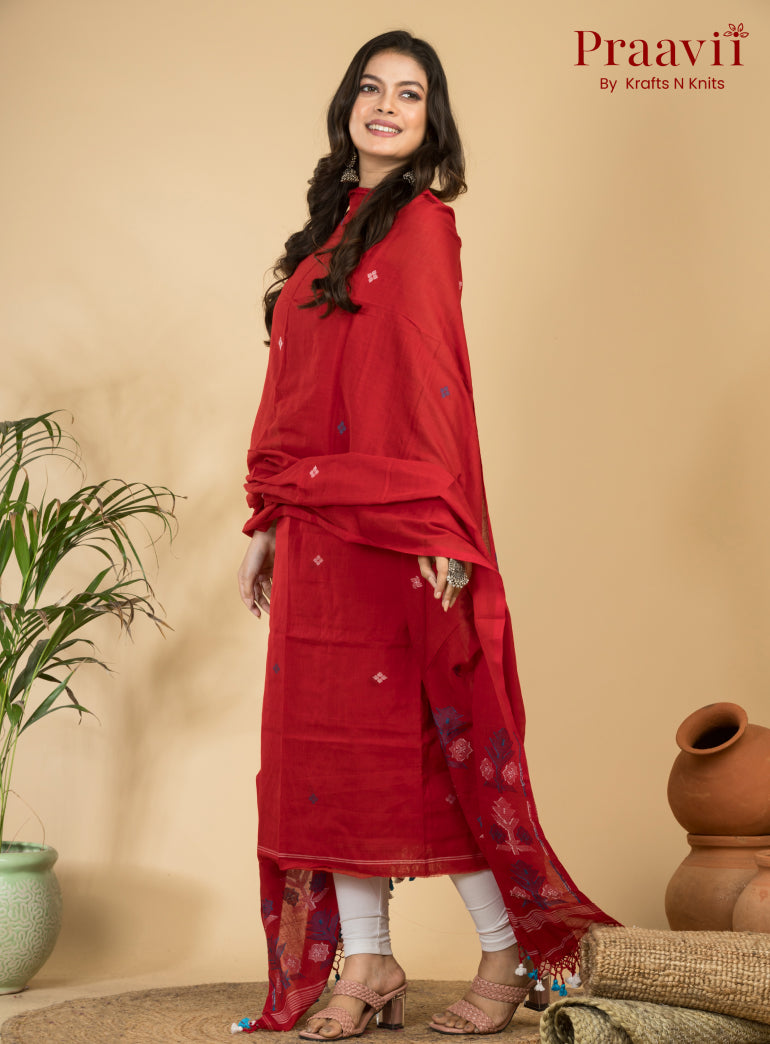 Classic Red Unstitched Cotton Handwoven Jamdani Suit Set