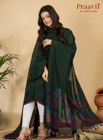 Dark Forest Green Unstitched Cotton Handwoven Jamdani Suit Set