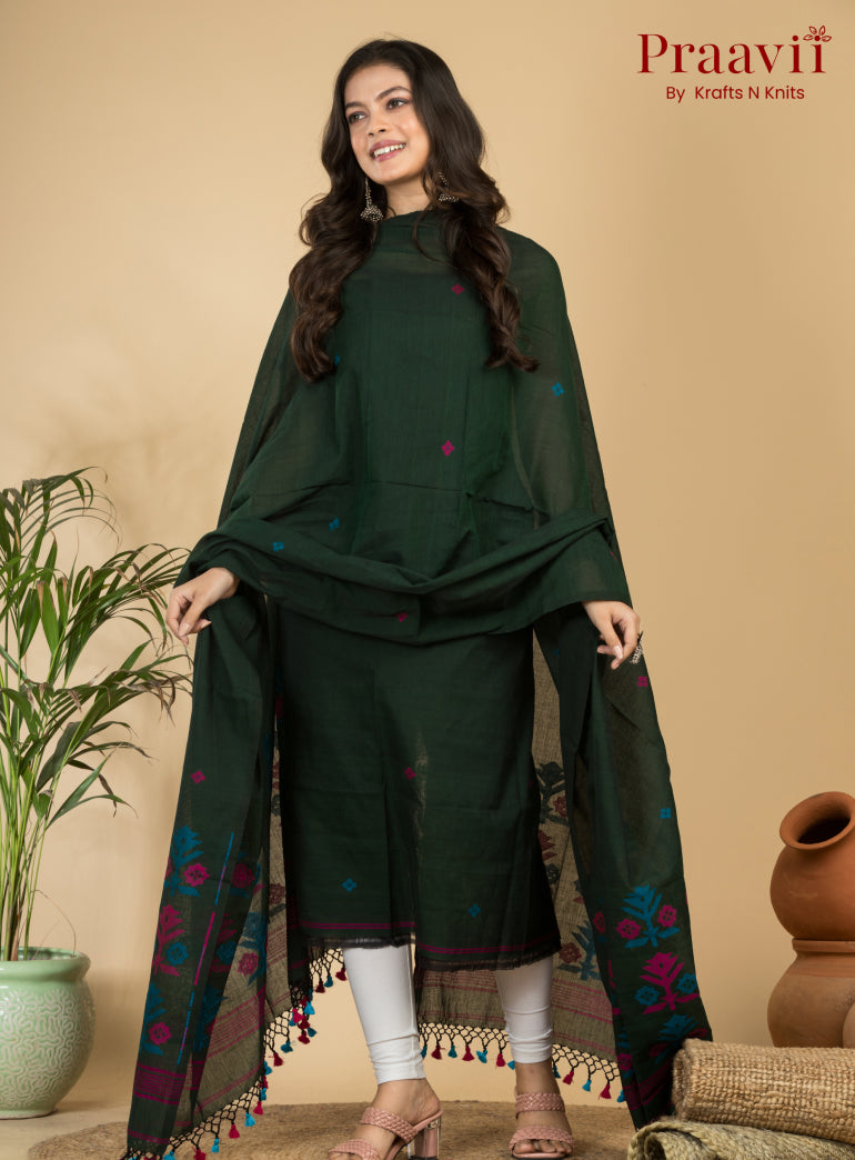Dark Forest Green Unstitched Cotton Handwoven Jamdani Suit Set