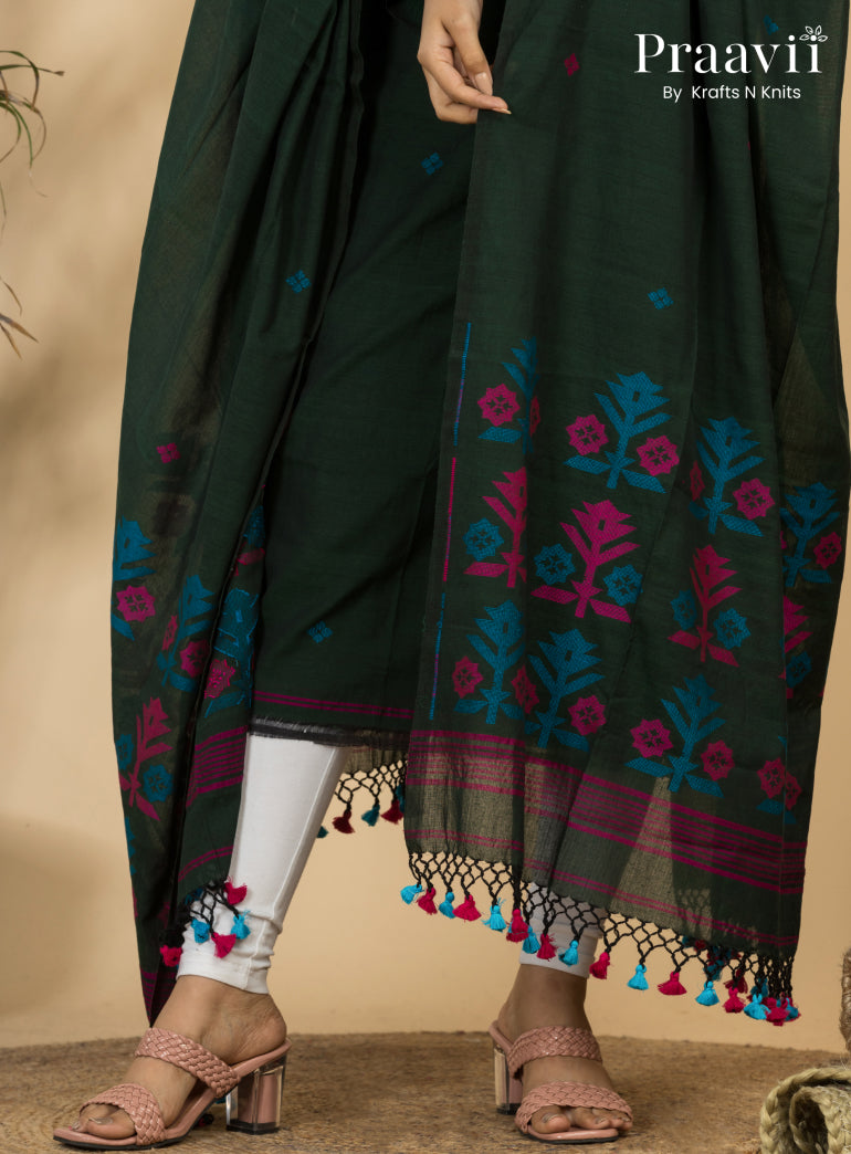 Dark Forest Green Unstitched Cotton Handwoven Jamdani Suit Set
