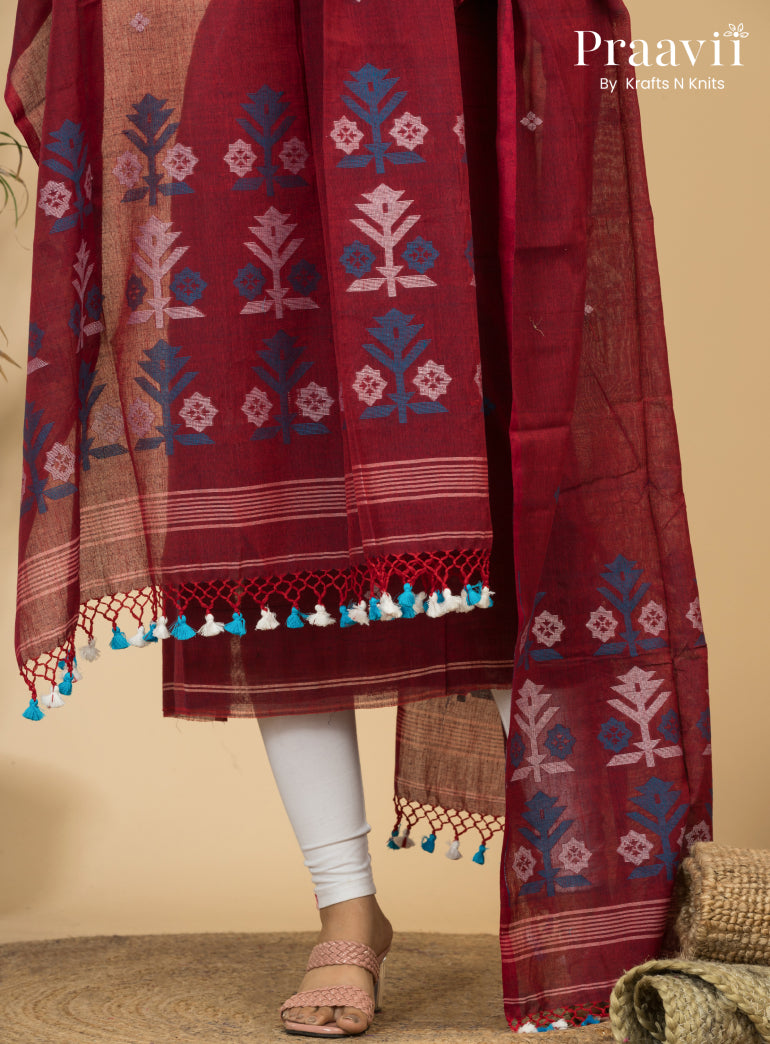 Maroon Unstitched Cotton Handwoven Jamdani Suit Set