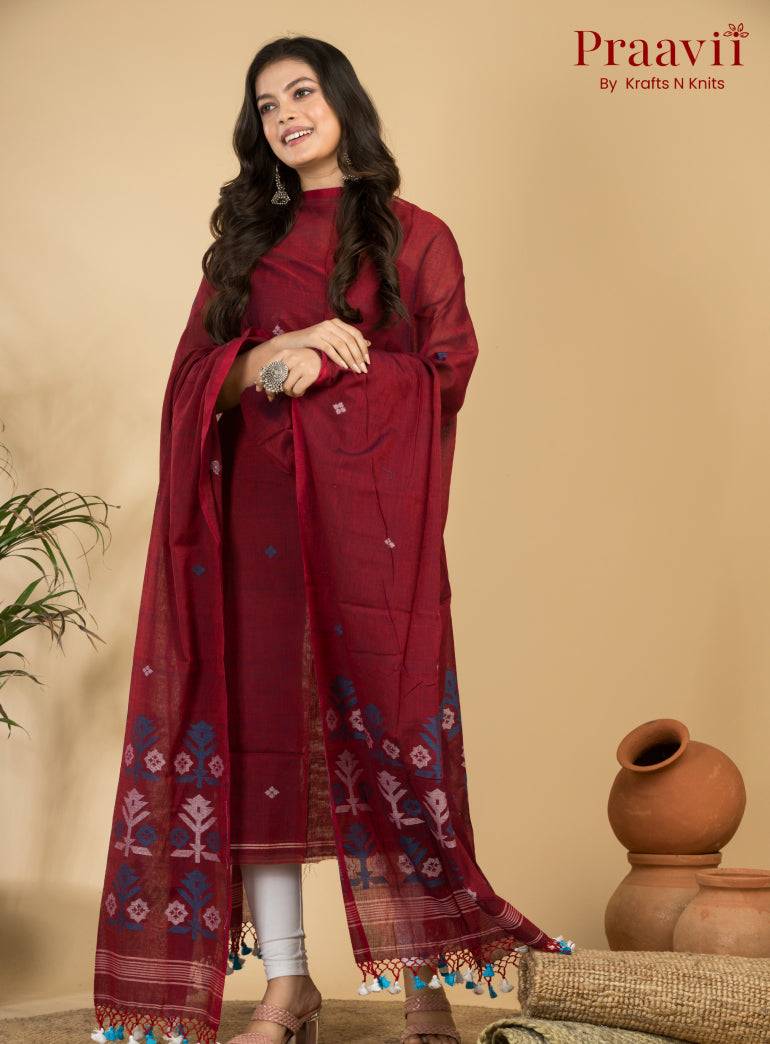 Maroon Unstitched Cotton Handwoven Jamdani Suit Set