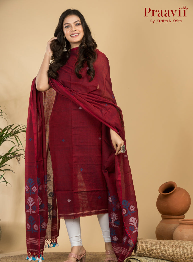 Maroon Unstitched Cotton Handwoven Jamdani Suit Set