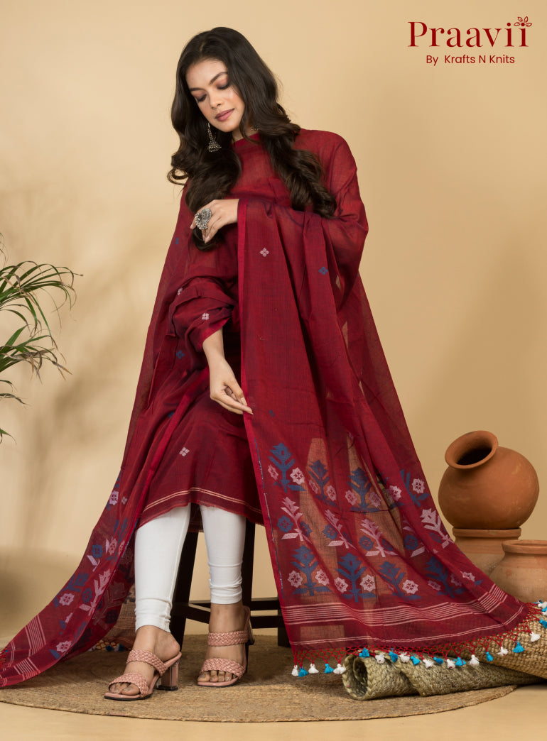 Maroon Unstitched Cotton Handwoven Jamdani Suit Set