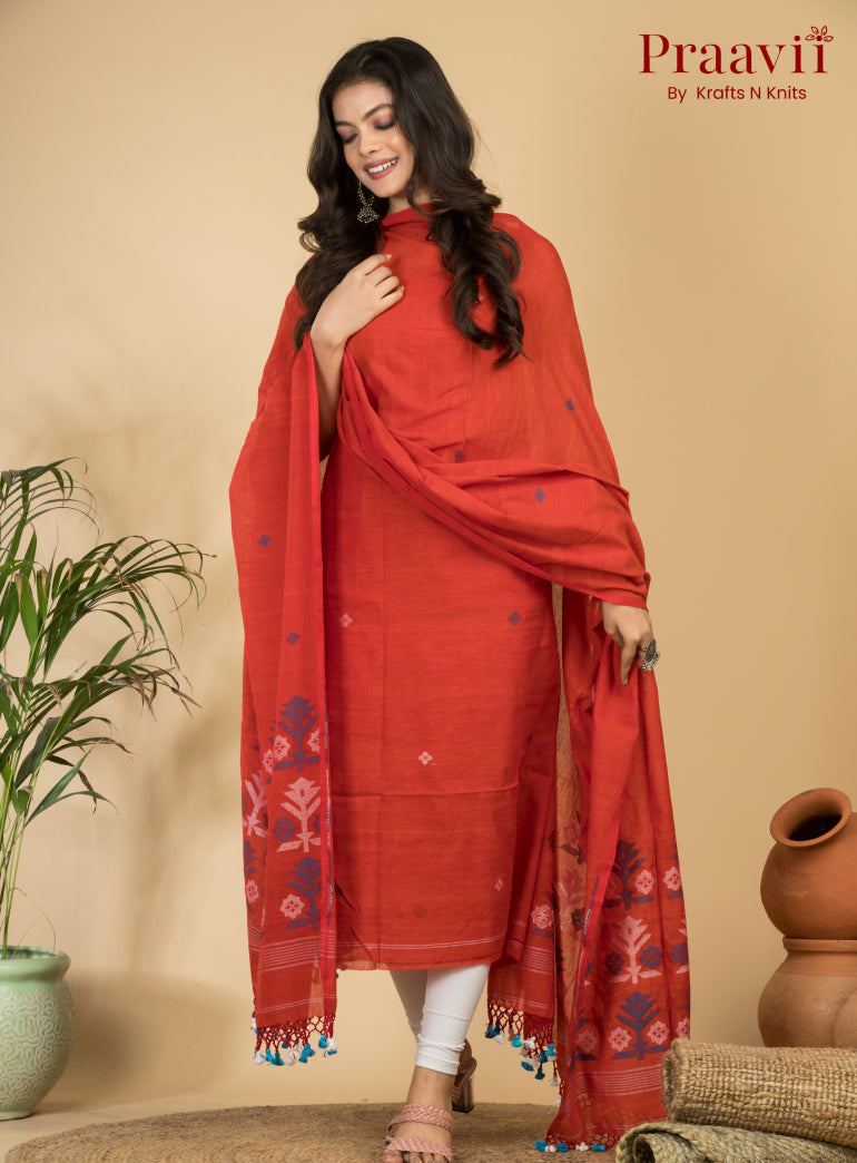 Orange Unstitched Cotton Handwoven Jamdani Suit Set