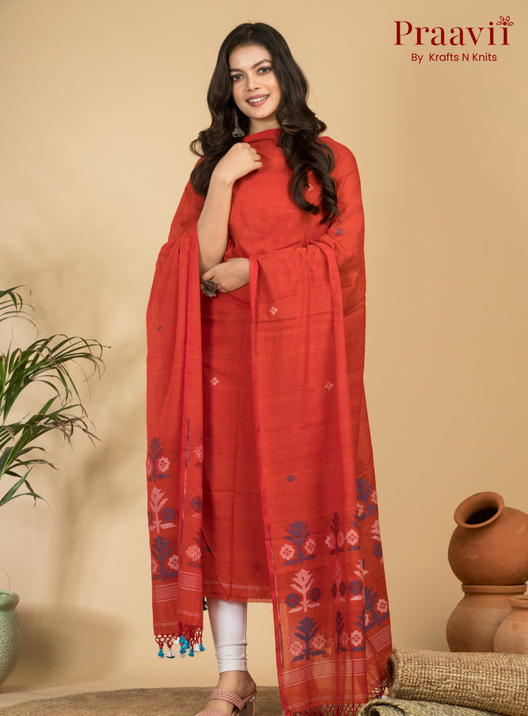 Orange Unstitched Cotton Handwoven Jamdani Suit Set