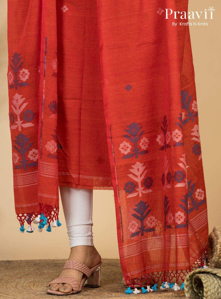 Orange Unstitched Cotton Handwoven Jamdani Suit Set