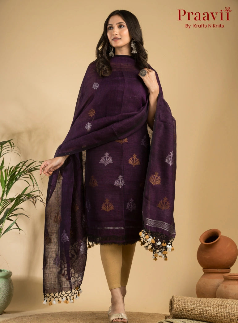 Royal Purple Pure Linen Unstitched Jamdani Suit 2-Piece Set