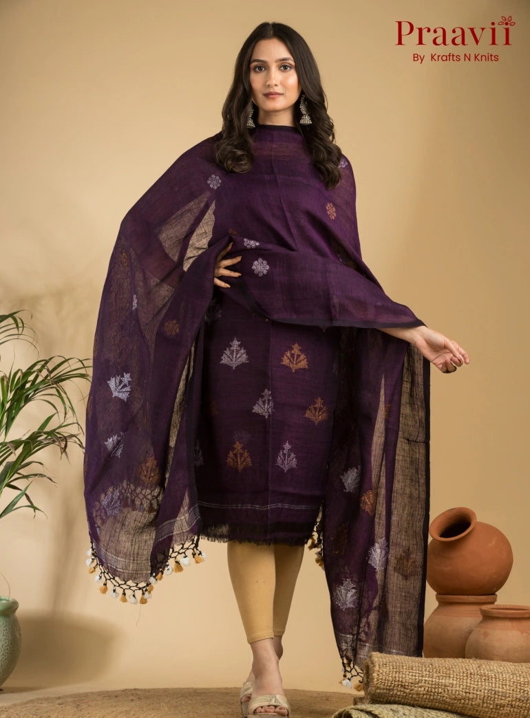 Royal Purple Pure Linen Unstitched Jamdani Suit 2-Piece Set