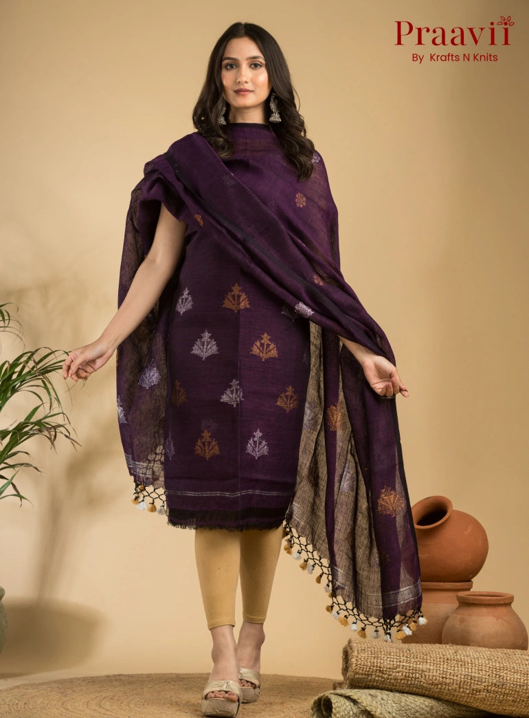 Royal Purple Pure Linen Unstitched Jamdani Suit 2-Piece Set