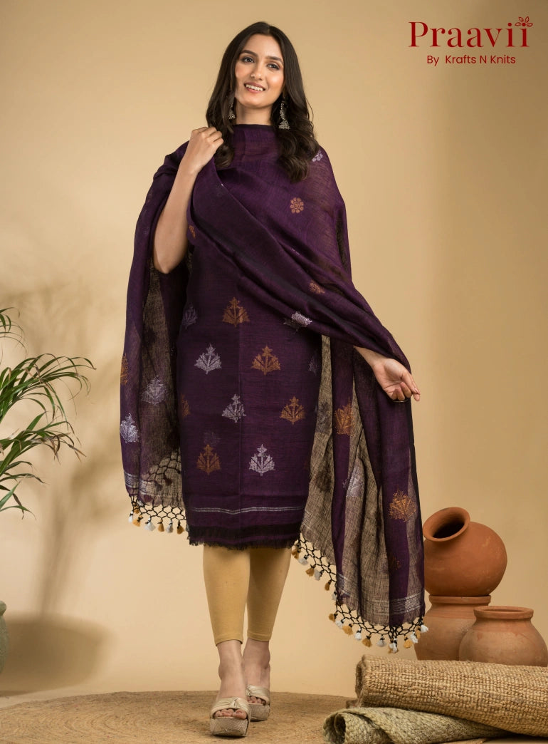 Royal Purple Pure Linen Unstitched Jamdani Suit 2-Piece Set