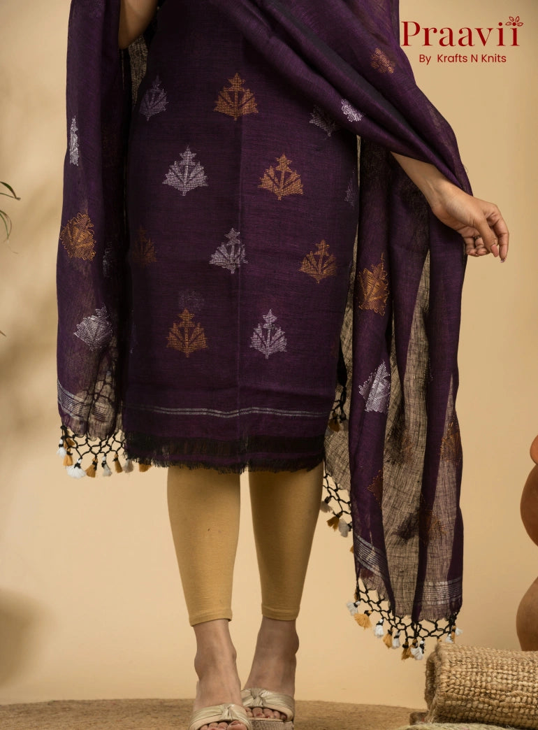 Royal Purple Pure Linen Unstitched Jamdani Suit 2-Piece Set